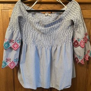 Striped Off-Shoulder Top with Embroidered Sleeves